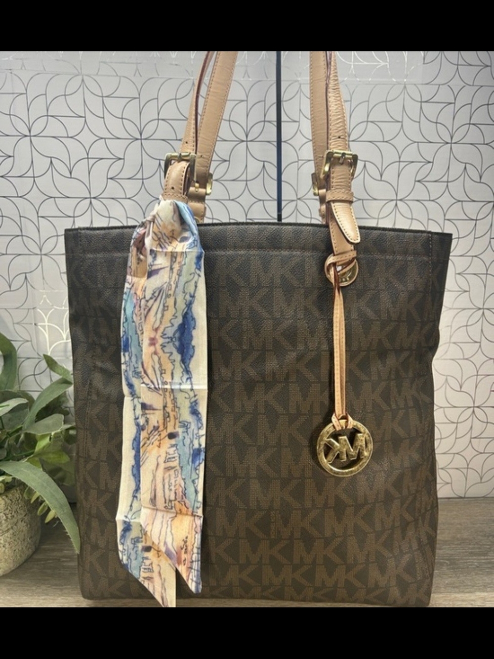 Michael Kors Brown MK Logo Tote with Tan Leather Straps and Scarf Accent
